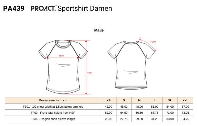 Größentabelle Damenshirt PA439