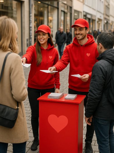 Zwei Personen in Promotionkleidung verteilen Flyer in der Innenstadt