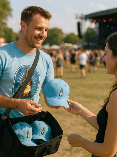 Person in Promotionkleidung verteilt Werbegeschenke auf einem Festival