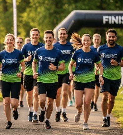 Laufgruppe in Teamkleidung beim Firmenlauf